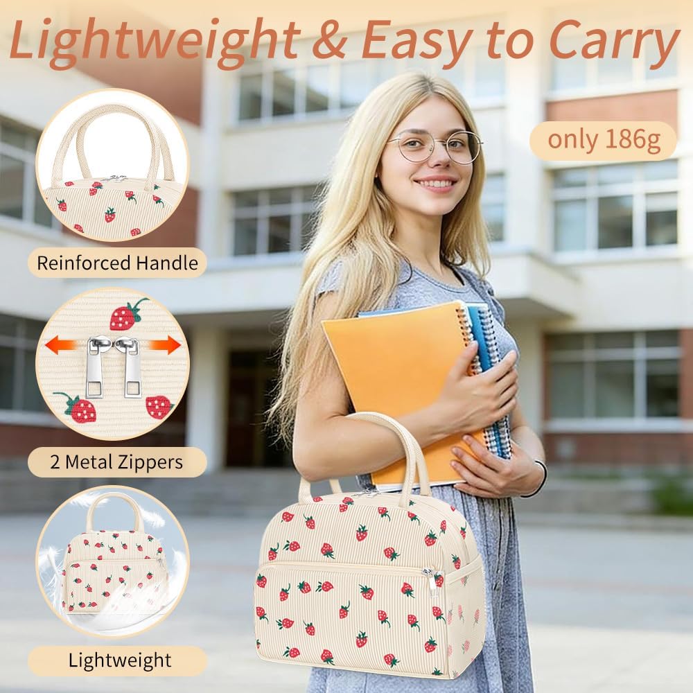 Coobiiya Insulated Corduroy Lunch Bag - Cute Strawberry Design | Large Capacity Tote for Work & Travel