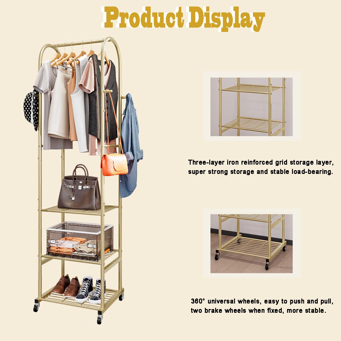 SUOERNUO Clothes Rack With Wheels and 3-Tier Metal Shelves,Clothing Rack For Hanging Clothes With 4 Hooks,Garment Rack Wardrobe Organizer for Small Space,Black (gold, 16.54 * 18.23 * 72.05)