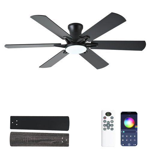 lspmke Ceiling Fans with Lights, 52 Inch Low Profile Ceiling Fan with Light and Remote, Flush Mount, Quiet, Reversible, 3CCT, Dimmable, Black RGB Ceiling Fan for Bedroom, Living Room, Indoor/Outdoor