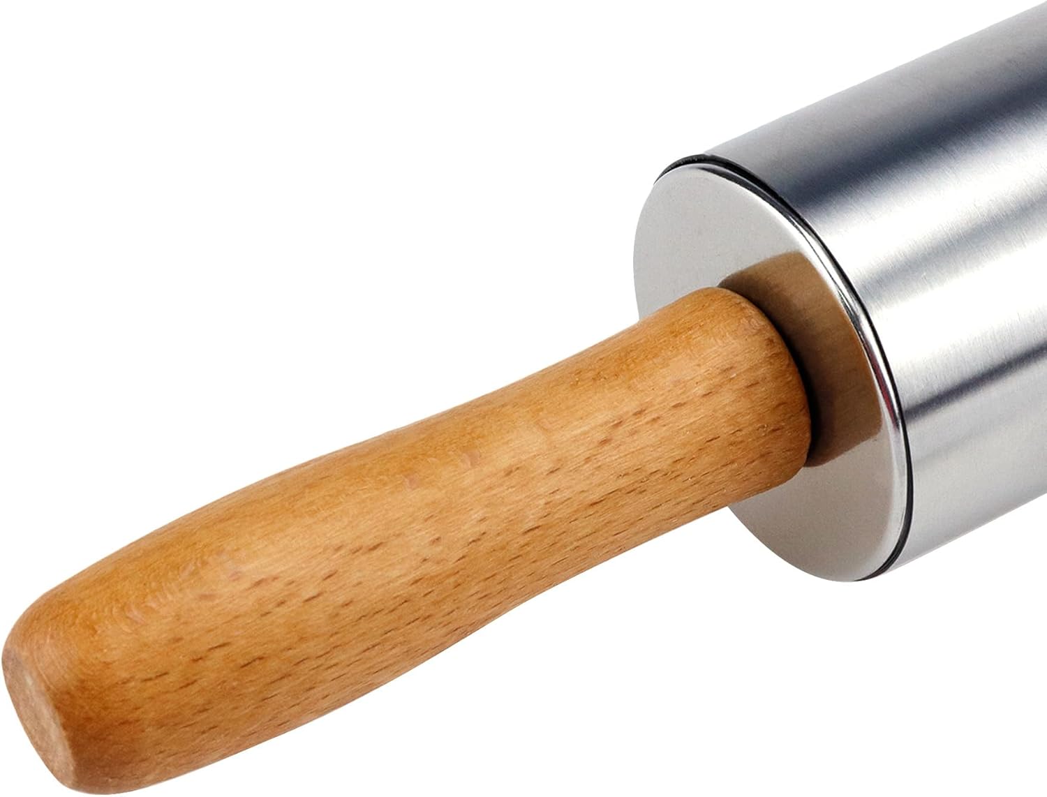 Stainless Steel Rolling Pin - 13-Inch Dough Roller with Wooden Handle for Baking & Pastry