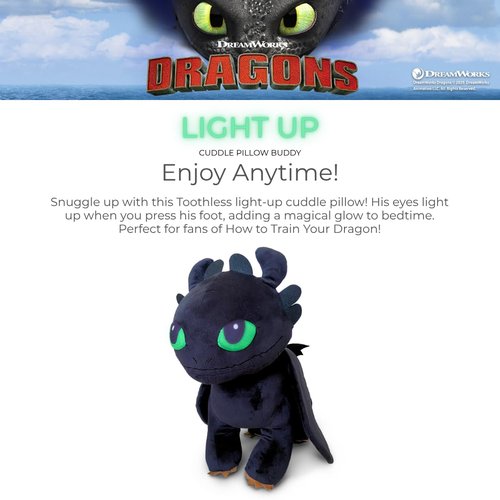 How to Train Your Dragon Toothless Super Soft Cozy Cuddle Pillow Buddy with Light Up Eyes for Comfort, (Officially Licensed Product) by Franco