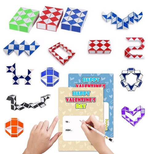 28 Pack Valentine's Day Gifts for Kids Snake Twist Puzzle Toys Magic Stress Relief Fidget with Greeting Cards, Boys and Girls Classroom Exchange Prizes Party Favour