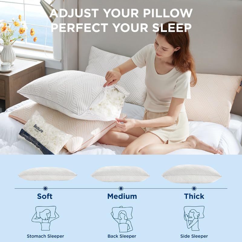 Bedsure Memory Foam Pillows - Adjustable Firm Queen Size Set of 2 | Cooling Dual-Sided Design with Bamboo Pillowcases