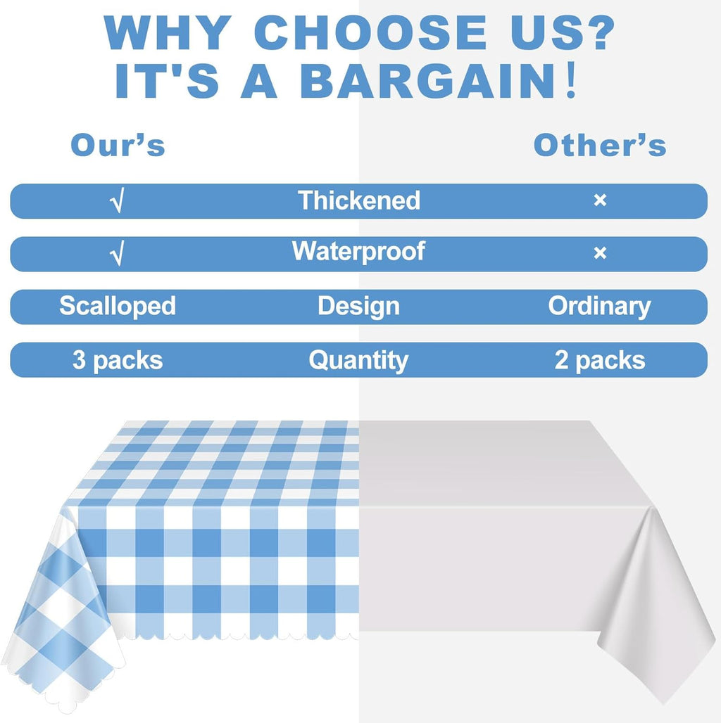 Skiennix Blue Gingham Tablecloths - 3 Pack | 54 x 108 Inch Scalloped Design for Parties & Events