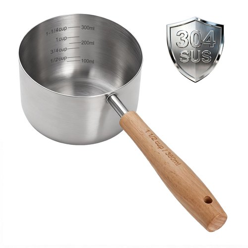 TREMENDRY 1PCS 1-1/2Cup(360ml | 12oz) Dog Cat Food Scoop, 18/8(304) Stainless Steel Measuring Cup with Wooden Handle, Etched Measurements Inside, BPA Free Portion Control for Pets & Kitchen Use