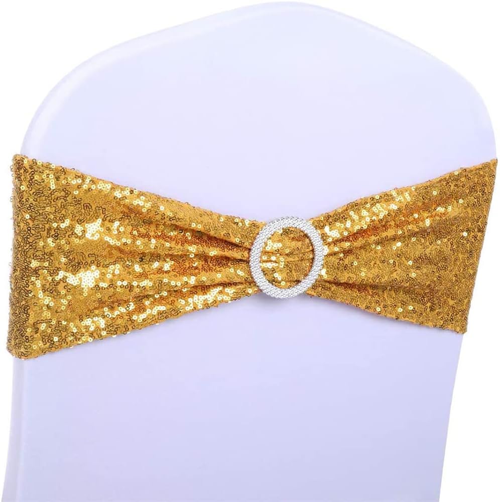Skiennix Gold Spandex Sequins Chair Sashes - Pack of 50 Elegant Chair Bands with Buckles for Weddings & Parties