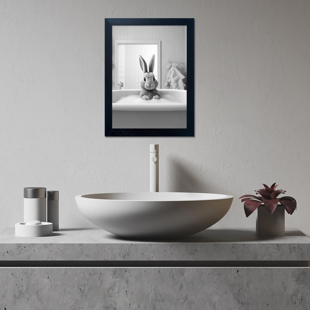 Regine Switzerland Funny Kids Bathroom Wall Art - Cute Black and White Animal Canvas Print | Framed Rabbit in Bathtub Decor