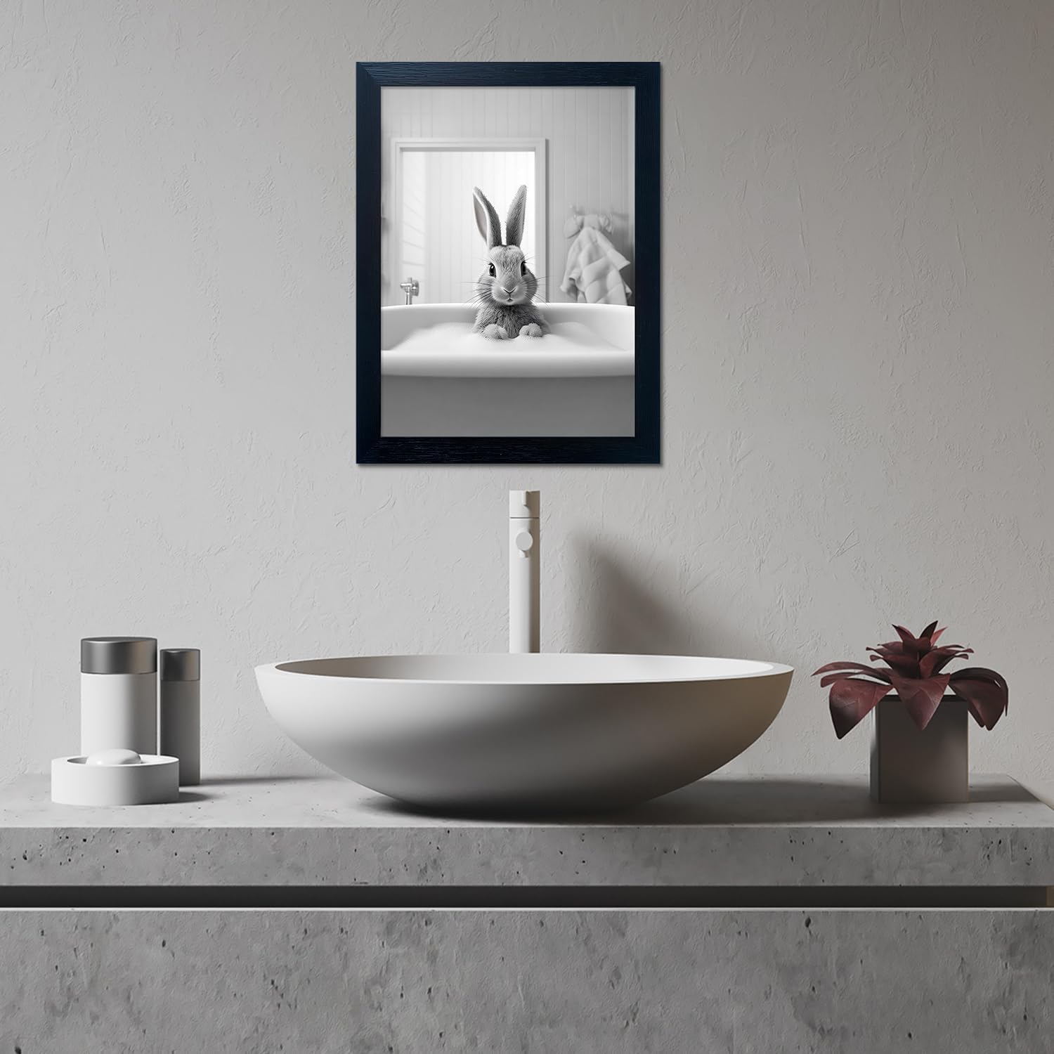 Regine Switzerland Funny Kids Bathroom Wall Art - Cute Black and White Animal Canvas Print | Framed Rabbit in Bathtub Decor