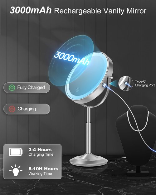 vpu Makeup Mirror with Lights, 1X/30X Lighted Magnifying Mirror Height Adjustable, 3000mAh Rechargeable Double Sided Vanity Mirrors with 3 LED Lighting and Adjustable Brightness for Desk Women Gift
