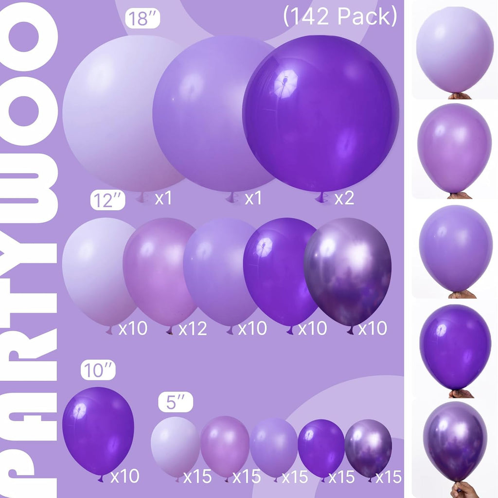 PartyWoo Balloon Arch Kit - 142-Piece Purple Balloon Garland for Baby Showers & Birthday Parties | Various Sizes