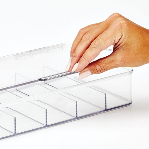 mDesign Plastic Divided Stackable Hair, Makeup & Jewelry Organizer Box with Hinge Lid for Bathroom Vanity Countertop - 5 Sections - Stores Hair Clips, Barrettes - Ligne Collection - 2 Pack - Clear