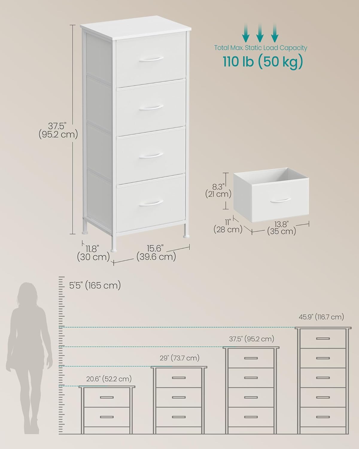 SONGMICS Dresser - Stylish Chest of Drawers with 4 Non-Woven Fabric Bins | Cloud White & Snow White