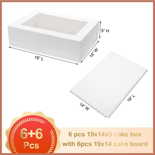 Mefleet 6pcs 19x14x5 Half Sheet Cake Boxes with 6pcs Cake Boards Rectangle 1/2 Sheet Bakery Boxes with Window for Pastry Baking Cake, Cupcakes, Donuts, Cookies, Pie Treat Packaging White Large