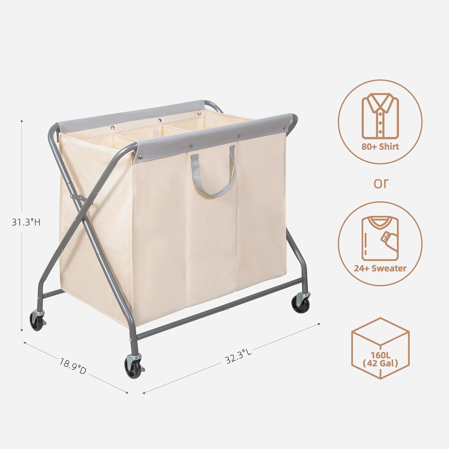 Storage Maniac 160L Collapsible Laundry Hamper - Heavy Duty Rolling Basket with Removable Bag & 3 Sections