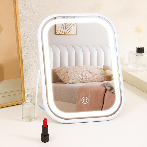 Leadzones Rechargeable Desk Vanity Makeup Mirror with Lights,8x6 Inch Folding Portable Mirror with Metal Stand Adjustable Rotation,Tavel Make Up Mirror for Table