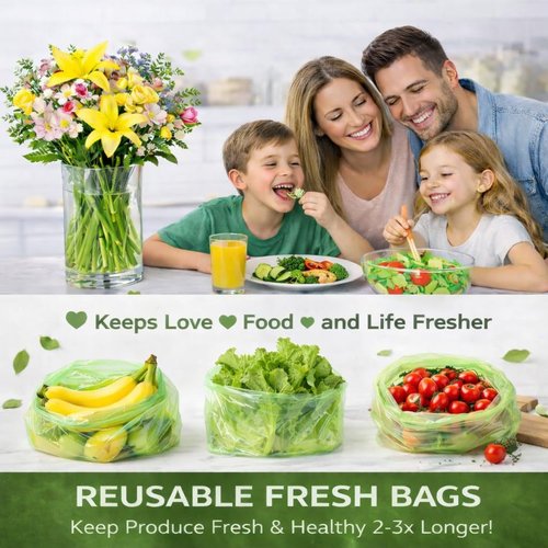 Reusable produce bags to keep Fruit fresh longer reusable,40 Pack(20S,20L) Vegetable bags to keep fresh,Green vegetable refrigerator bags,Green Reusable Salad & Cut Flower Storage Bags,BPA Free