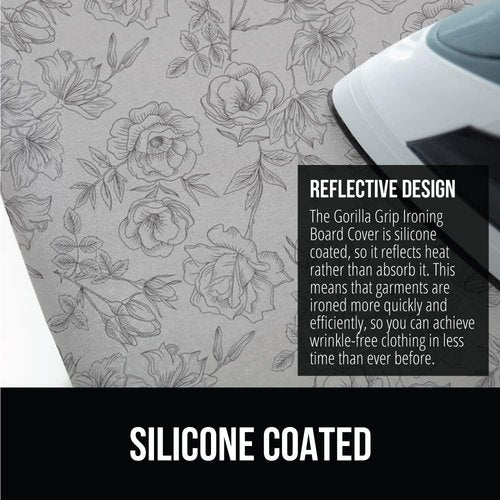 GORILLA GRIP The Original Ironing Board Cover and Pad, Silicone Coating, 400°F Scorch Resistant Thick Padding, Heavy Duty Iron Covers Standard Boards, Hook and Loop Fastener Strap, Gray Floral 15x54