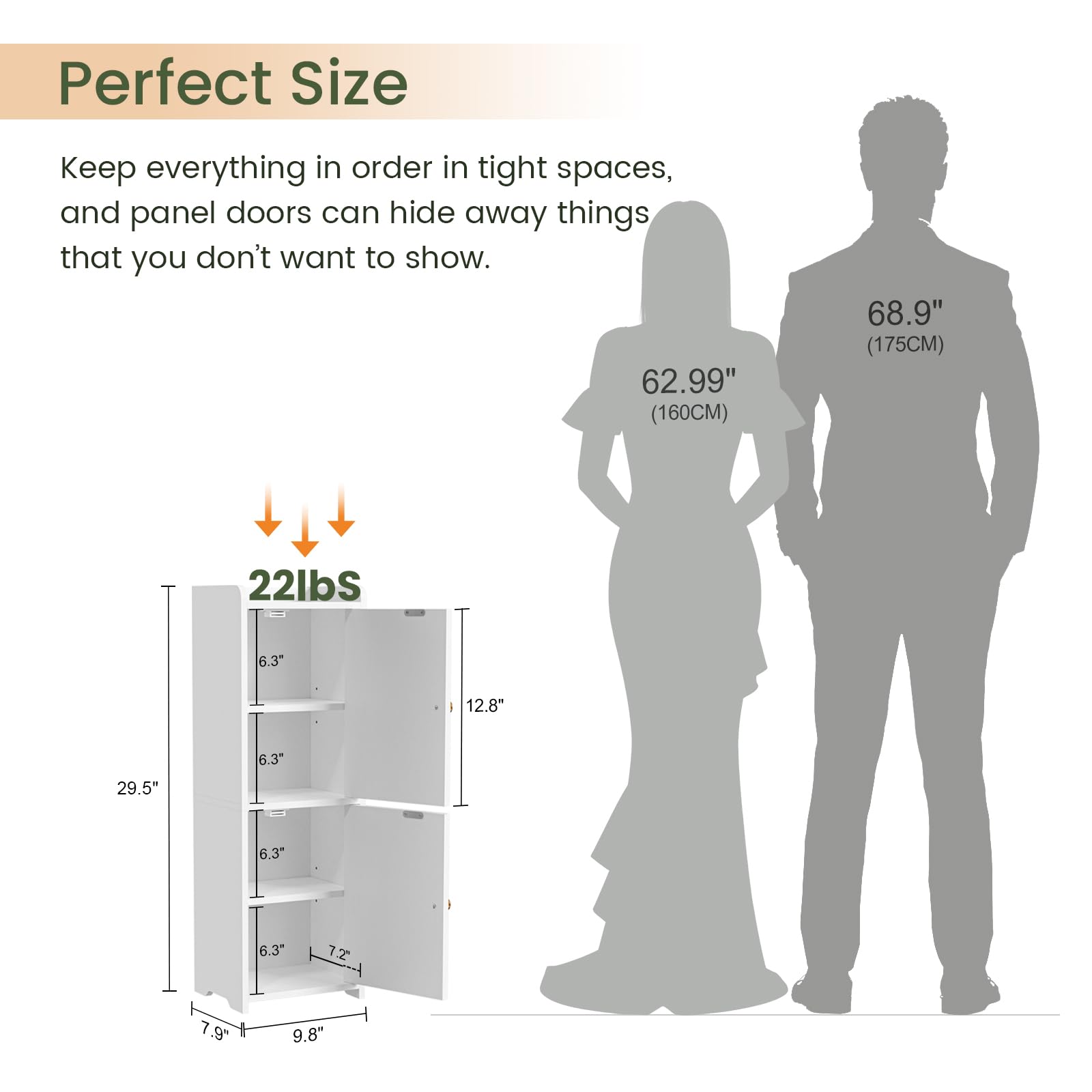 Snughome Bathroom Storage Cabinet, Small Bathroom Cabinet with 2 Doors & Adjustable Shelf, Narrow Toilet Paper Cabinet for Small Spaces, White, 7.9" D x 9.8" W x 29.5" H