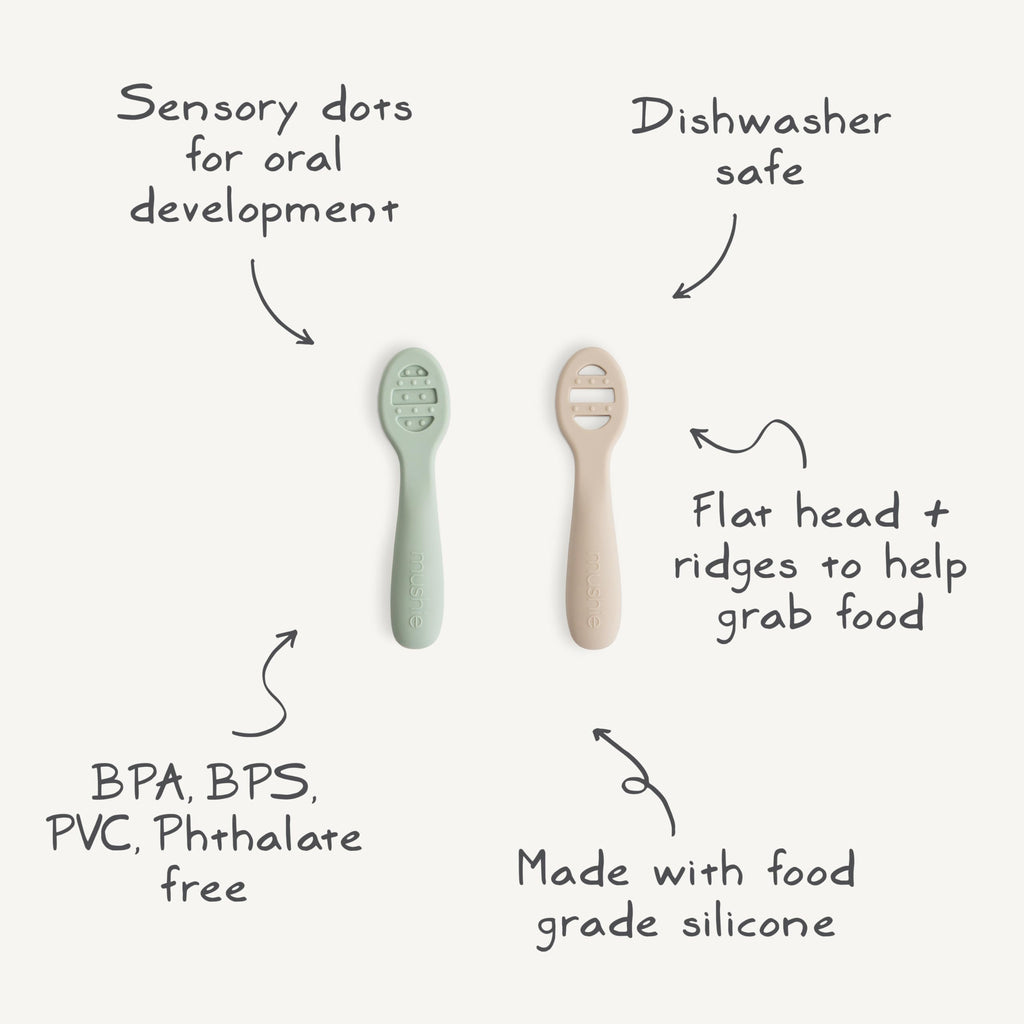 mushie Silicone First Feeding Baby Spoons | 2 Pack (Cambridge Blue/Shifting Sand)