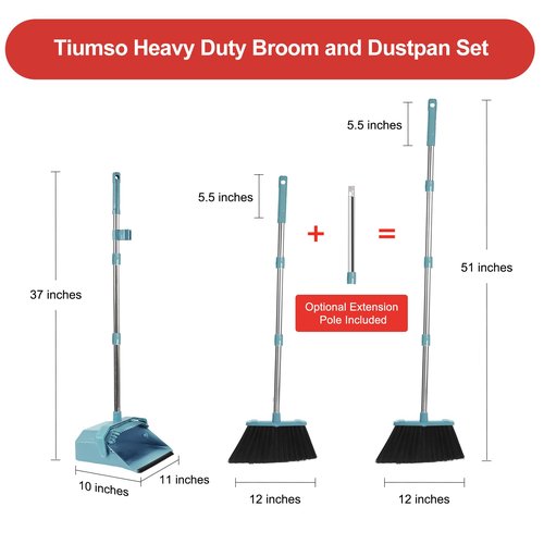 Tiumso Upgrade Broom and Dustpan Set, Broom with Dustpan Combo Sets, Large Brooms and Dust Pan with Handle, Self-Cleaning Dust Pans, Heavy Duty Broom and Dustpans Set for Lobby Kitchen Office - Green