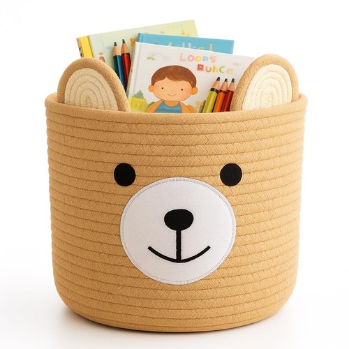 Saiiwnn Bear Basket for Nursery, Baby Shower Basket, Baby Baskets for Storage, Laundry Hamper, Storage Baskets for Children Kids Toy Plant Gift Indoor Corner 10" D x 8" H (Light Khaki)