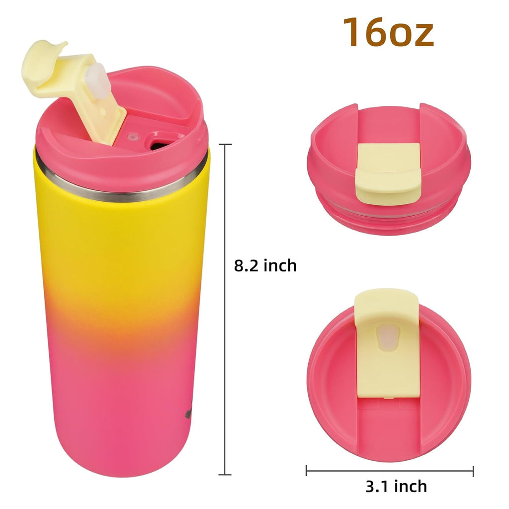 Skiennix 16 oz Insulated Travel Coffee Mug - Double Wall Stainless Steel with Lid | Rainbow Design
