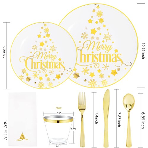 Hioasis 175pcs HChristmas Plastic Plates - Elegant Disposable Dinnerware Set Suitable for 25 Guests Include 10.25" Dinner & 7.5" Dessert Plates, Knives,Forks,Spoons, Cups,Napkins for Christmas