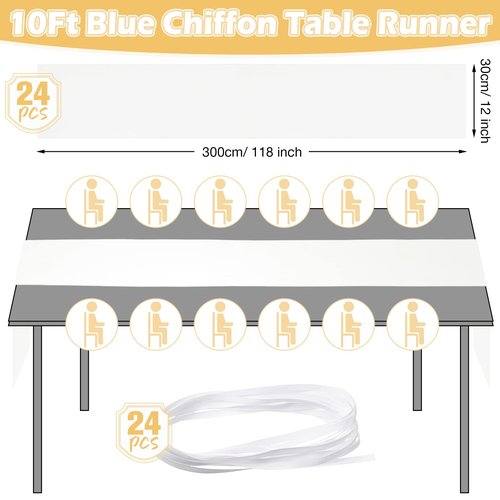 Chumia 24 Pack Chiffon Table Runners Romantic Sheer Table Decorations Long Tulle Runner for Wedding Bridal Shower Party Supplies Decor, 118 x 12 Inches(White)