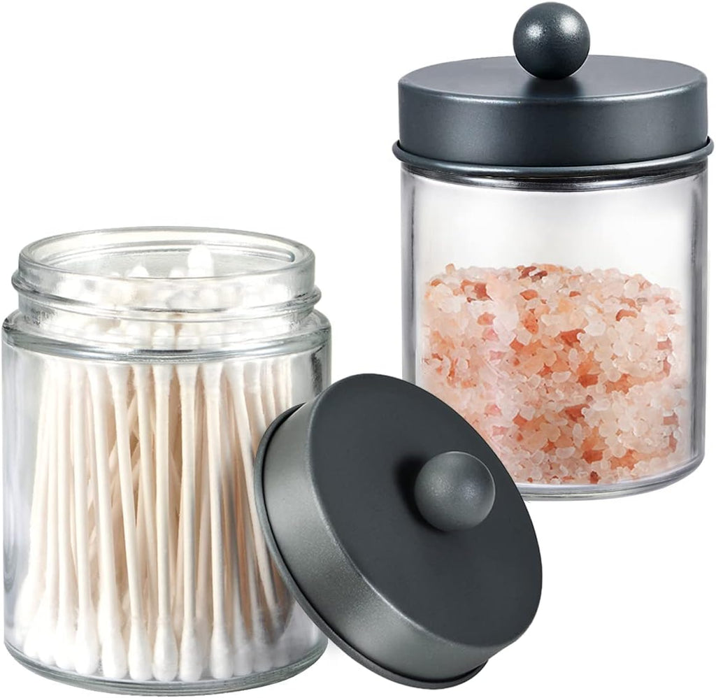 Amolliar Apothecary Jars - Stylish Bathroom Storage Organizer | Glass Canister with Lid for Q-Tips, Cotton Swabs & Makeup Accessories - Grey (2 Pack)