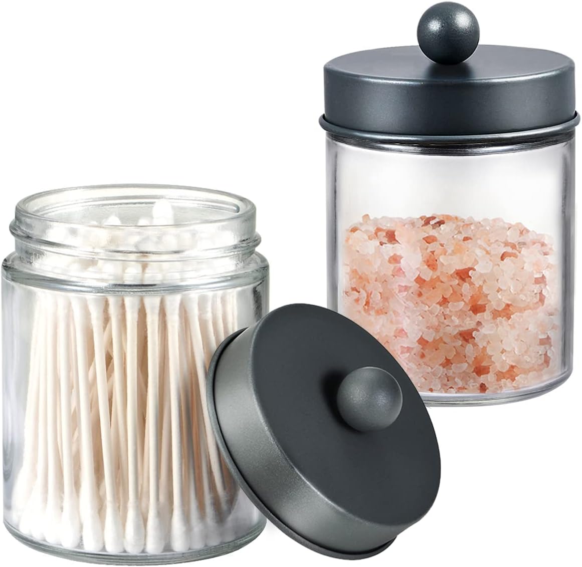 Amolliar Apothecary Jars - Stylish Bathroom Storage Organizer | Glass Canister with Lid for Q-Tips, Cotton Swabs & Makeup Accessories - Grey (2 Pack)