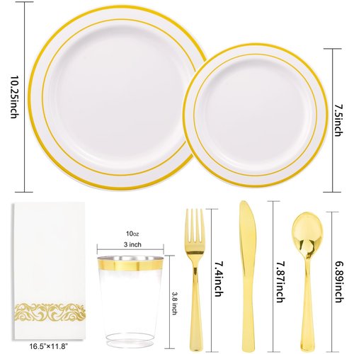 350 Pieces White and Gold Plastic Plates - 50 Guest Dinnerware Set Include 100 Plates, 50 Gold Plastic Silverware, 50 Paper Napkins and 50 Cups for Wedding/Baby Shower/Spring/Birthday/Mother's Day
