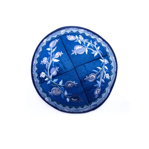 Yair Emanuel Kippah - Embroidered - Pomegranates - Blue