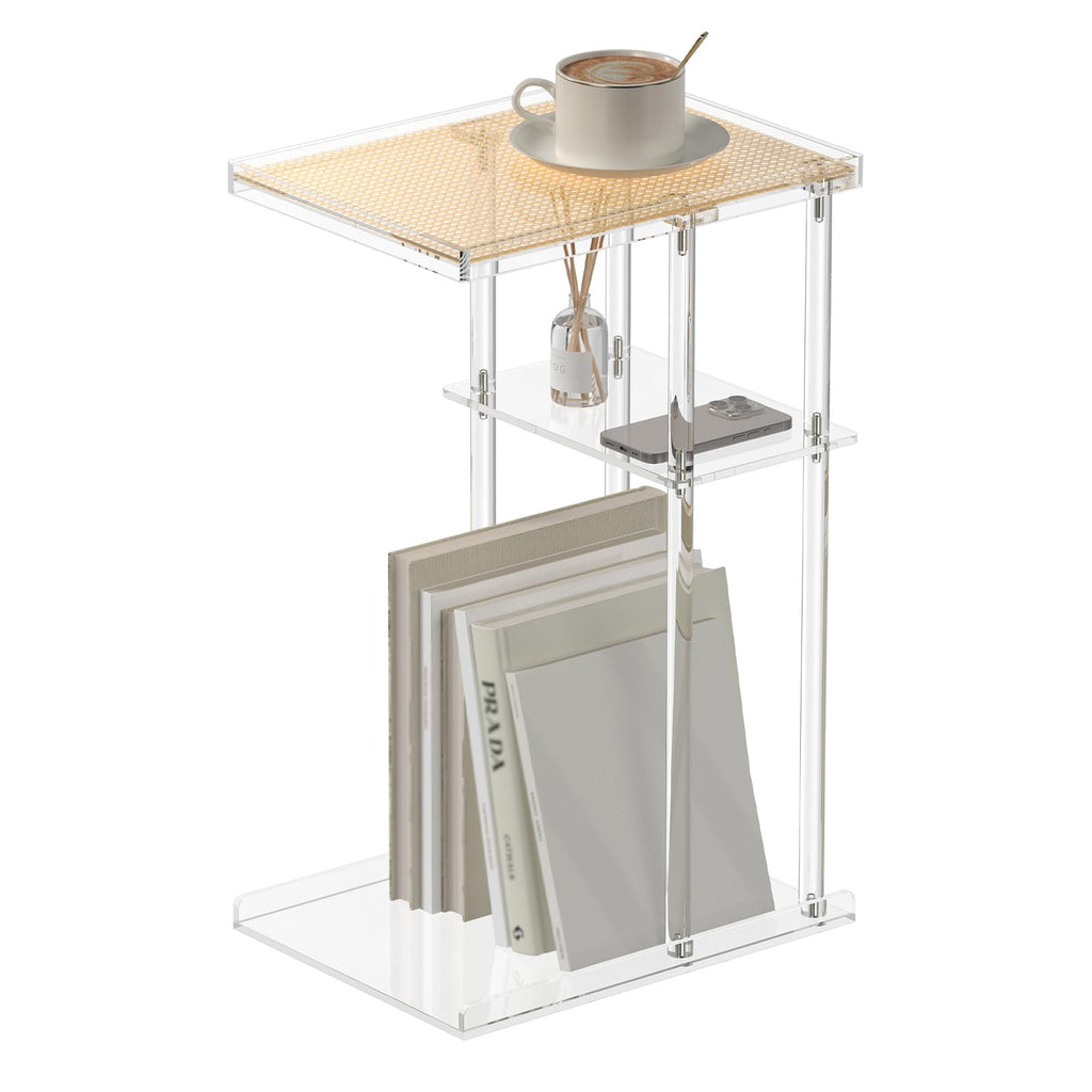 HMYHUM Acrylic C-Shaped End Table, 3-Tier Clear Side Table for Couch, Living Room, Bedroom, Small Spaces, 15.5''L x 11.6''W x 25''H, Woven Rattan Interlayer