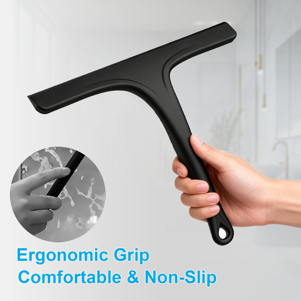 Silicone Shower Squeegee - Effortlessly Remove Water Spots from Glass, Mirrors & Tiles | 10 Inch, Black