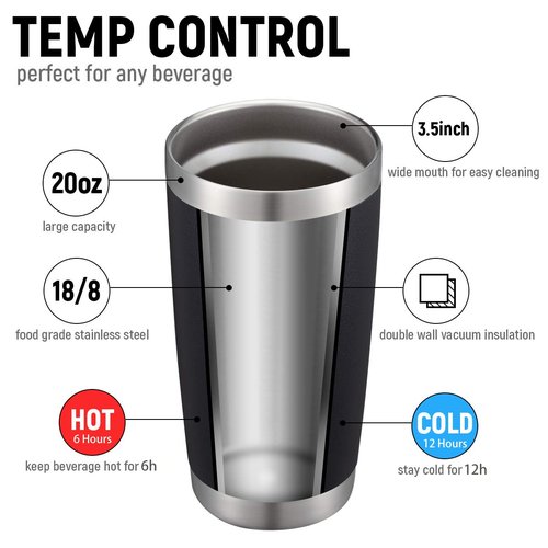 COMOOO 20oz Double Wall Vacuum Insulated Travel Mug, Stainless Steel Tumbler with Lid and Straw Durable Powder Coated Insulated Coffee Cup for Cold & Hot Drinks (Black, 12 pack