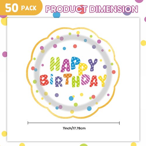 LDFDRT 7inch White and Gold Happy Birthday Paper Plates 50 pcs Party Decorations Rainbow Cake Dessert Plates Disposable Dinnerware Tableware for Birthday Party Supplies