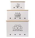 Kitchen Vegetable Storage Tins Set of 3 for Potato Onion & Garlic with Wooden Lid, Kitchen Storage Canisters Set, Long Shelf Life - White
