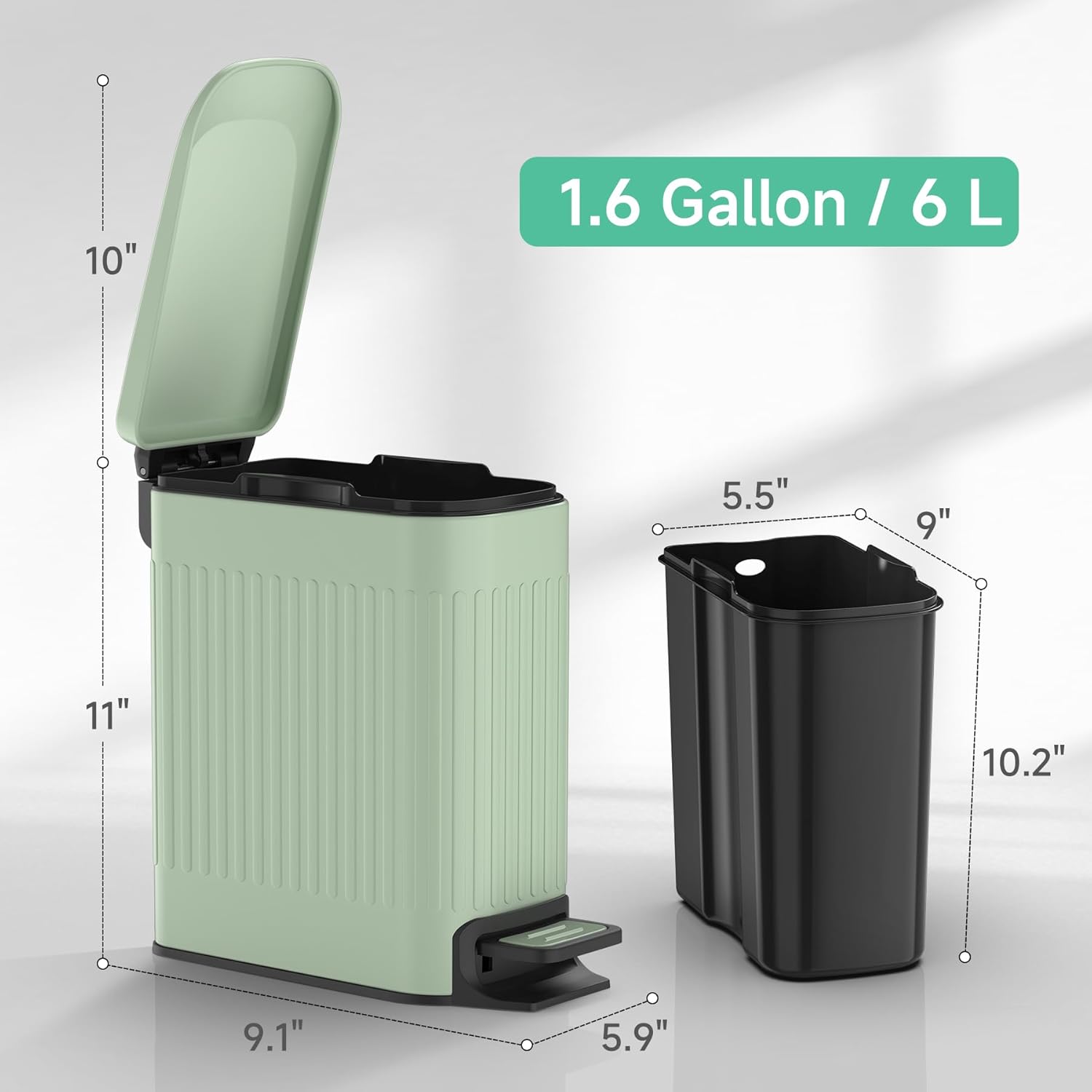 TIPGO Slim Bathroom Trash Can - Soft Close Lid & Step Pedal, 6L Stainless Steel Bin | Green