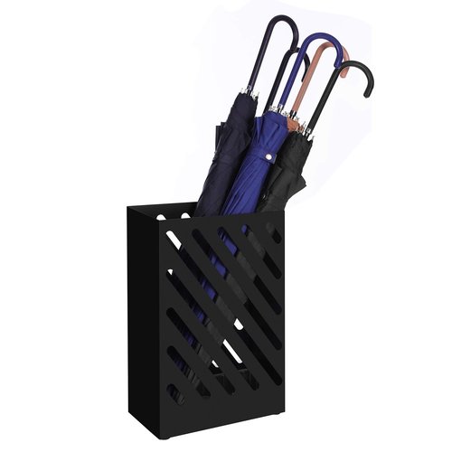 SONGMICS Metal Umbrella Stand, Rectangular Umbrella Holder Rack, with a Removable Drip Tray, 4 Hooks, Hollow-Out Design, for Entryway, Office, Black ULUC03BK