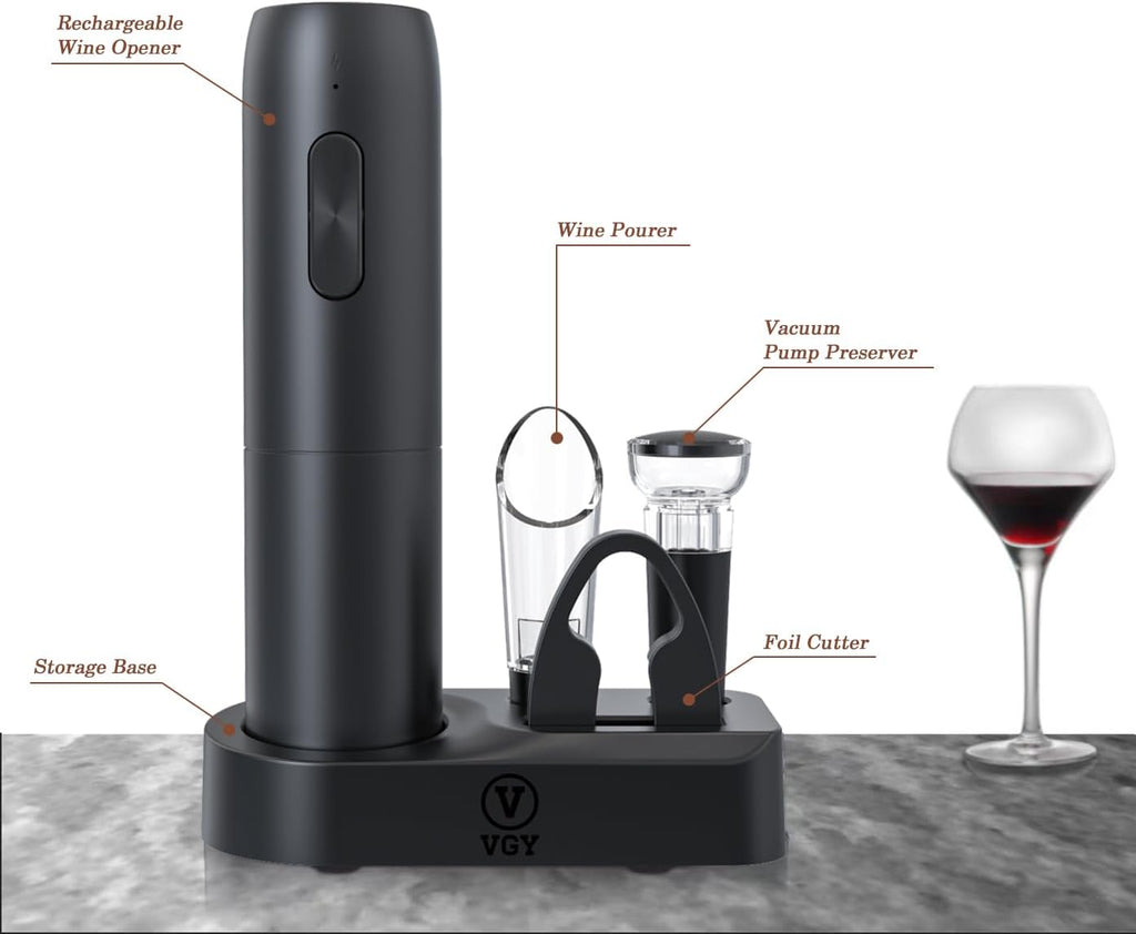 VGY Electric Wine Opener Set, 5 in 1 Rechargeable Automatic Electric Corkscrew with Charging Base, Foil Cutter, Wine Pourer & Vacuum Stopper, Electric Wine Bottle Opener for Home Bar & Wine Lovers