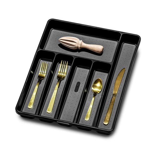 madesmart Premium Silverware Tray, 6 Compartment Flatware Organizer for Forks, Knives & Spoons, Non Slip, Soft Grip Lining, Durable Drawer Organizer, Black