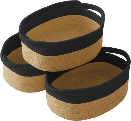 JMvicyroam Woven Storage Baskets - Small Rope Bins with Handles for Organizing | Black & Jute, 3-Pack