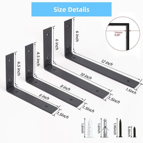 6 Pack Heavy Duty 8 Inch Black Shelf Brackets, L Shelf Bracket 8 Inch for Floating Shelves, 1/5-Inch Thick