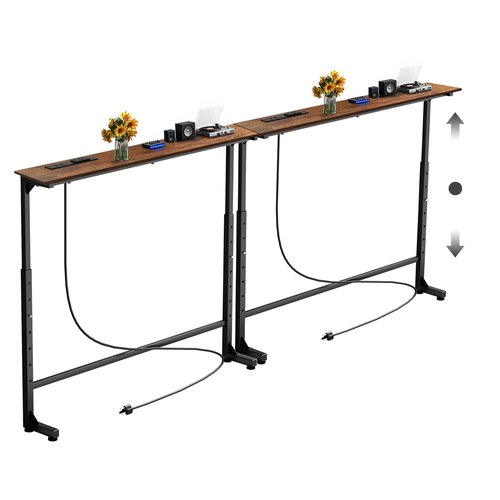 Keelian 90 inch Narrow Console Table with Outlet,Adjustable Height(25"-37") Behind Sofa Table,Couch Behind Table Skinny,Couch Shelf with Charging Station,Long Entryway Tables for Living Room, Brown