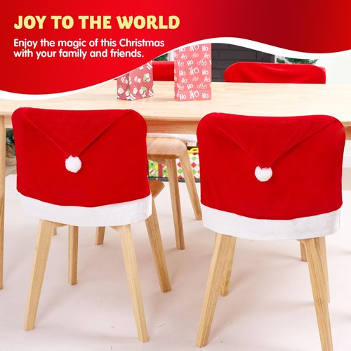 JOYIN 4 Pcs Christmas Chair Cover, Red Santa Hat Chair Slipcovers for Christmas Holiday Festival Decoration, Santa Claus Chair Back Covers, Xmas Indoor Decor Ornaments Set