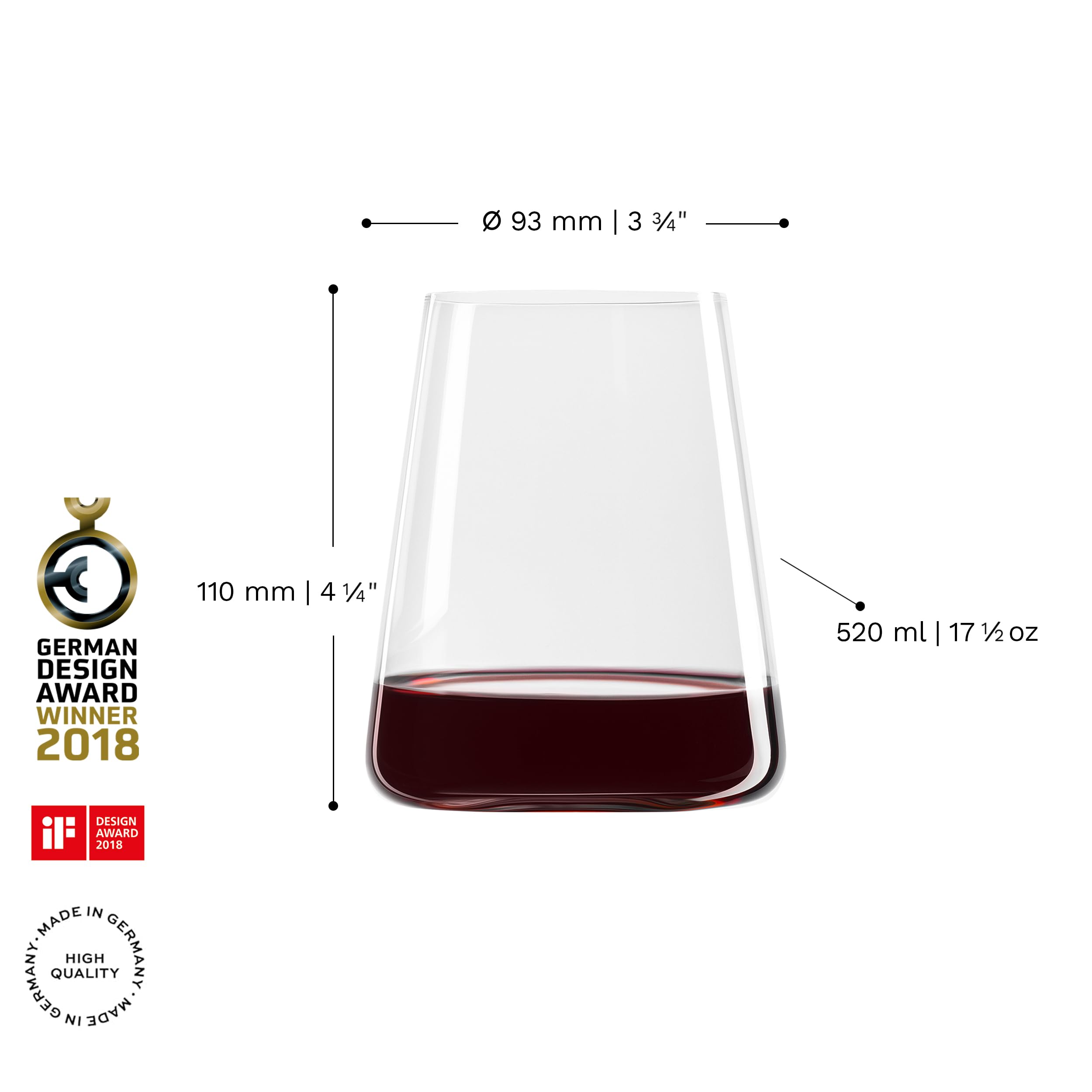 Stölzle Lausitz Red Wine Tumblers Power Set of 4, 17 1/2 oz – Modern Stemless Wine Glasses for Maximum Aroma – Flat Red Wine Glasses in Crystal Glass – Dishwasher & Break-Resistant, Made in Germany