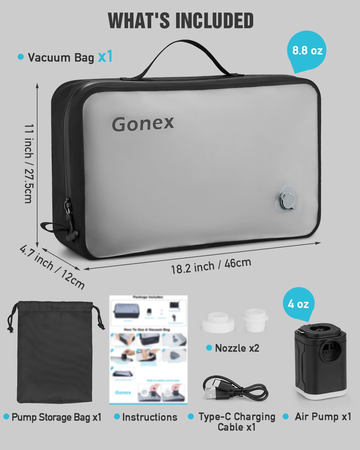 Gonex Vacuum Travel Bag with Pump, Reusable Compression Packing Bag with Handle & Transparent Window, Wide Opening, Waterproof Travel Storage Organizer for Carry-On Suitcase, Backpack (1PC+Pump)