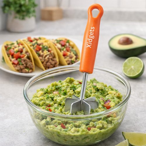 Mini Stainless Steel Meat Masher, Small Ground Beef Chopper, Mini-sized Pastry Dough Blender & Crumble Maker. Mini Meat Masher and pastry tool by Xidgets (Retro Orange)