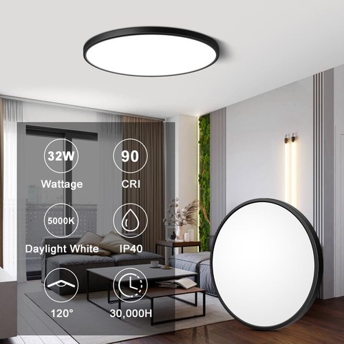LEDLightsWorld 15.7inch 32W LED Flush Mount Ceiling Light, 5000K Daylight White LED Ceiling Light, 3800LM Bright Round Flat Panel Light, Black Ceiling Light for Bedroom, Living Room, Dining Room