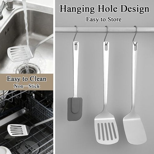 Berglander Stainless Steel Spatulas Set 3pcs, Metal Spatula Solid&Slotted&Flexible Turner, Heavy Duty Sturdy Kitchen Spatula, High Heat Resistant Cooking Utensils for Nonstick Cookware